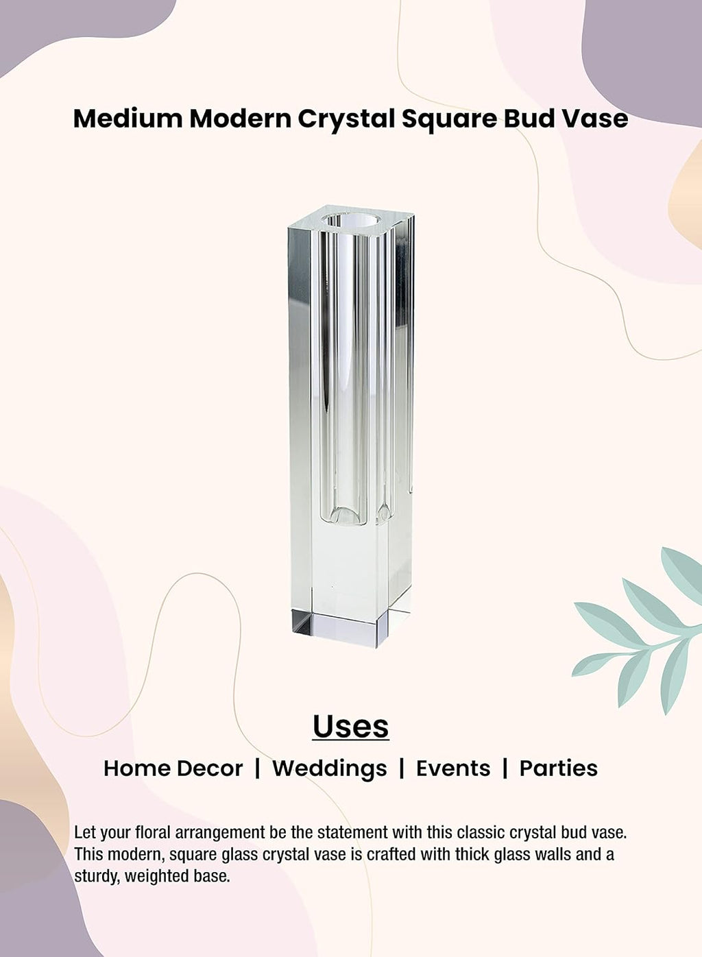 Serene Spaces Living Medium 7" Modern Crystal Square Bud Vase, Decorative Single Flower Vase for Wedding Centerpieces, Events, Parties, Home Décor Accents (Measures 7" Tall, 1.5" Long, 1.5" Wide)