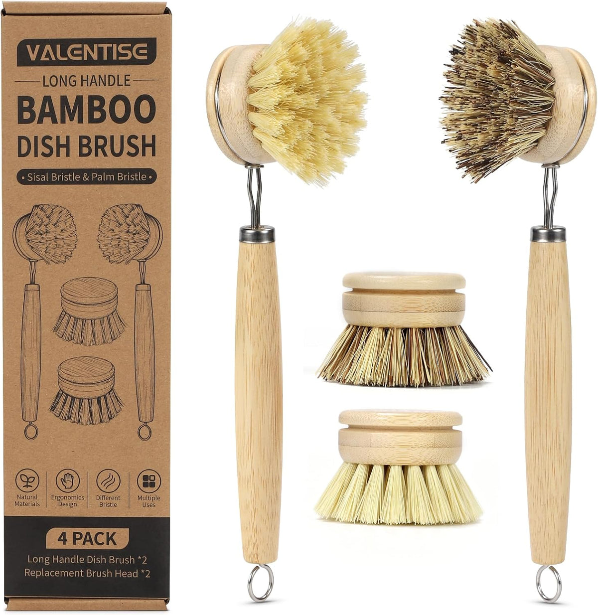 Bamboo Dish Brush with Handle, Natural Dish Brush Set Includes 2 Replacement Brush Heads, Kitchen Scrub Brush with Sisal and Palm Bristle for Cleaning Dishes, Pans and Vegetables