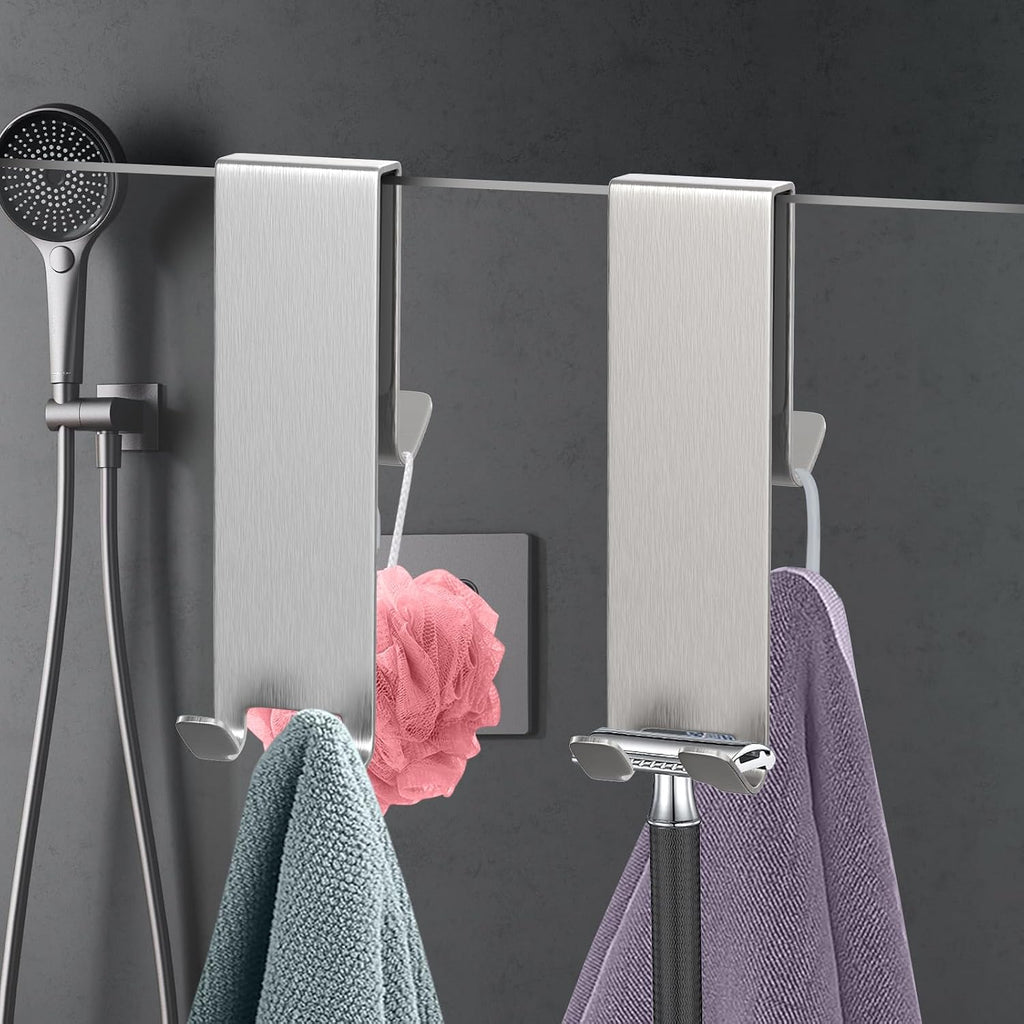 Double Sided Shower Door Hooks for Frameless Glass, Stainless Steel Over the Door Hooks No Drilling Rust Resistant, Towel Hooks for Bathroom Hanging Towels Robes, Silver (2 Pack) Bathroom Organizer