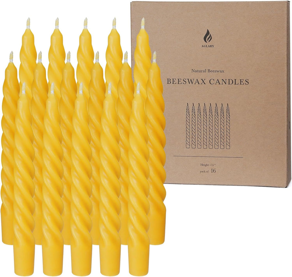 16PCS 7-Inch Pure Beeswax Spiral Taper Candles, Natural Raw, Dripless