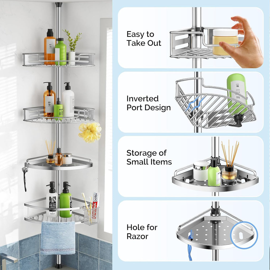 HAMITOR Shower Caddy Tension Pole, 4 Tier Corner Shower Shelves - Silver