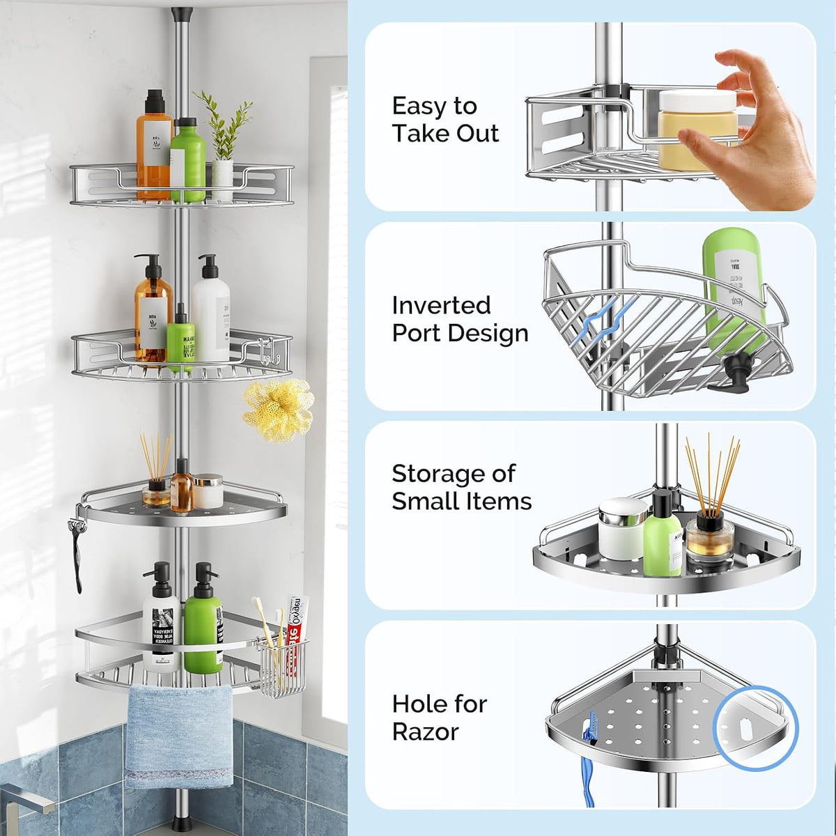HAMITOR Shower Caddy Tension Pole, 4 Tier Corner Shower Shelves - Silver
