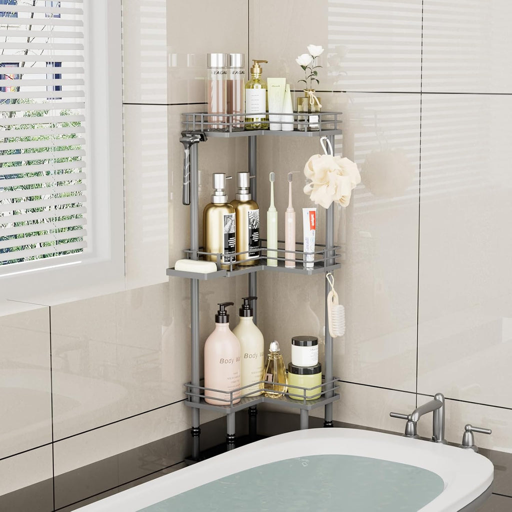 Consumest Corner Shower Caddy Standing - 3-Tier Stainless Steel Shower Organizer with Soap Holder and 4 Hooks, Large Capacity Corner Shelf Stand for Bathroom, Rest Room, Grey