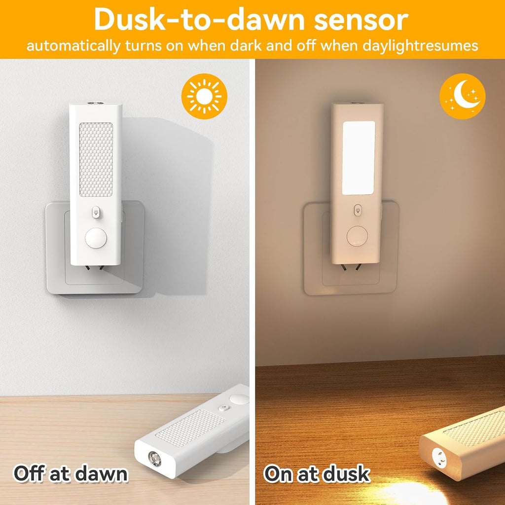 Motion-Sensor Night Light - Rechargeable Plug-in LED with Portable Handheld Mode, Dusk-to-Dawn Sensor, 3000K Soft Glow for Hallway Bedroom, Modern Farmhouse Decor