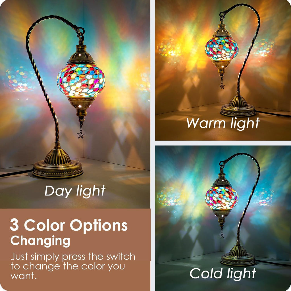 Yarra-Decor Turkish Moroccan Lamp with Bronze Base 3 Color Options Handmade Swan Neck Mosaic Glass Bedside Lamps for Bedroom (LED Bulb Included)(Colorful3)
