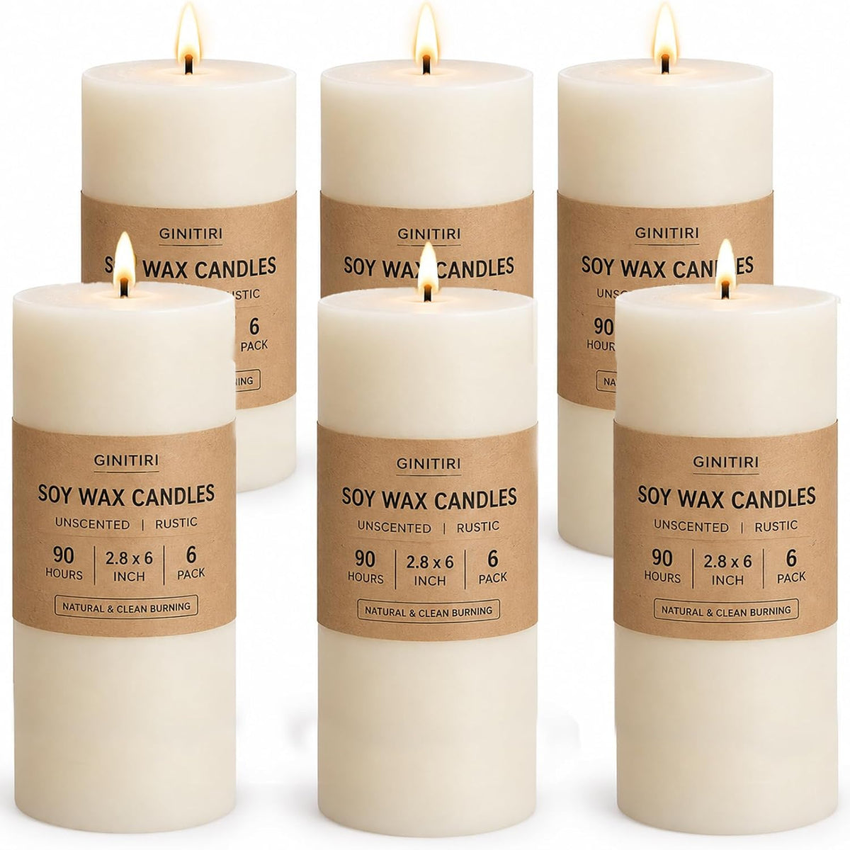 Rustic Soy Pillar Candles 2.8x6 Inch,6 Pack Ivory Candle