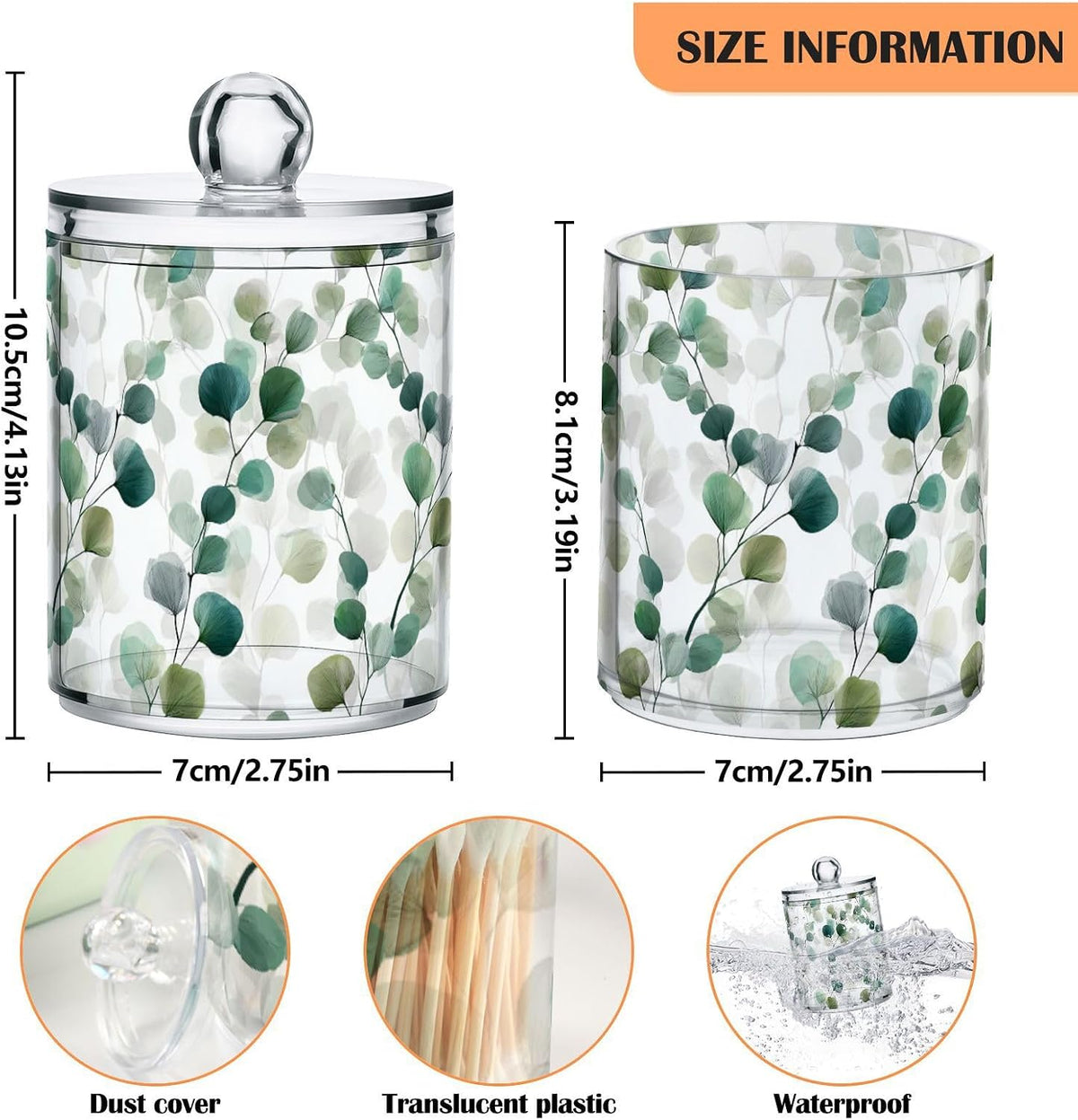 Gredecor Qtip Holder Dispenser 2 Pack Green Watercolor Floral Leaves Apothecary Jars with Lids Bathroom Vanity Countertop Canister Storage Organizer for Cotton Ball,Swabs,Pads,Floss