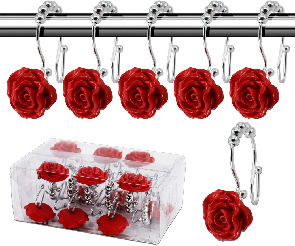 BEAVO 12 Pcs Double Shower Curtain Hooks with Glide Balls, Red Shower Hooks