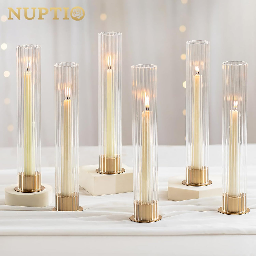NUPTIO Hurricane Glass Candle Holders, Set of 10 Gold Taper Candle Holders