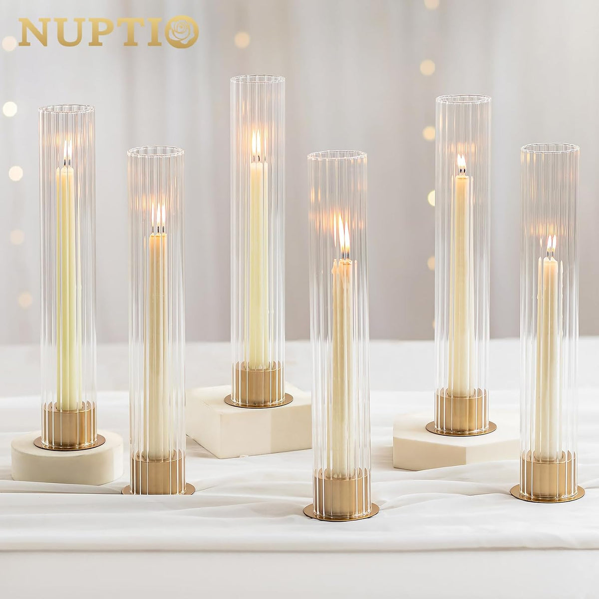 NUPTIO Hurricane Glass Candle Holders, Set of 10 Gold Taper Candle Holders