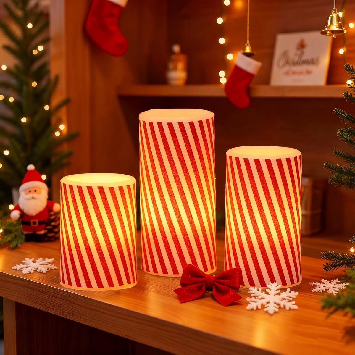Candy Cane Christmas Flameless Candles Battery Operated with Timer