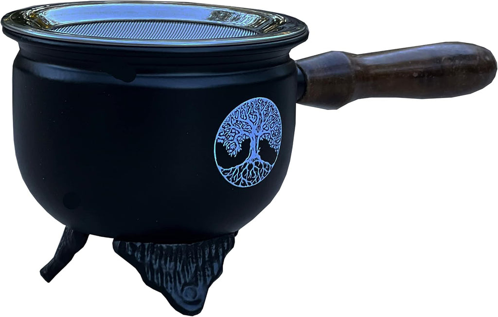 Large Metal Charcoal Incense Burner with Wooden Handle (Tree of Life)