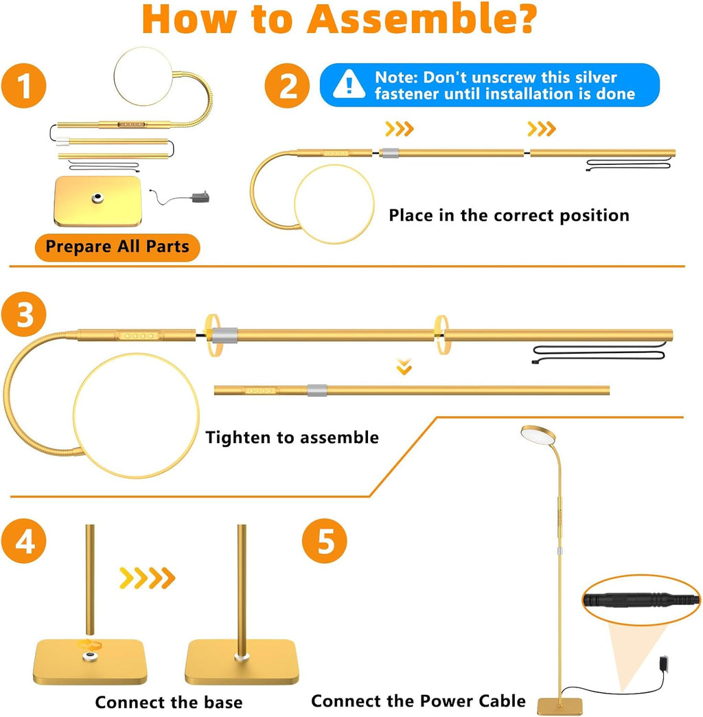 PACOVY Floor Lamp, Adjustable Height Floor Lamps for Living Room Bedroom, 120 LED Super Bright Standing Lamp Remote & Touch Control Dimmable Gooseneck Tall Stand Reading Lamp for Office Craft, Gold