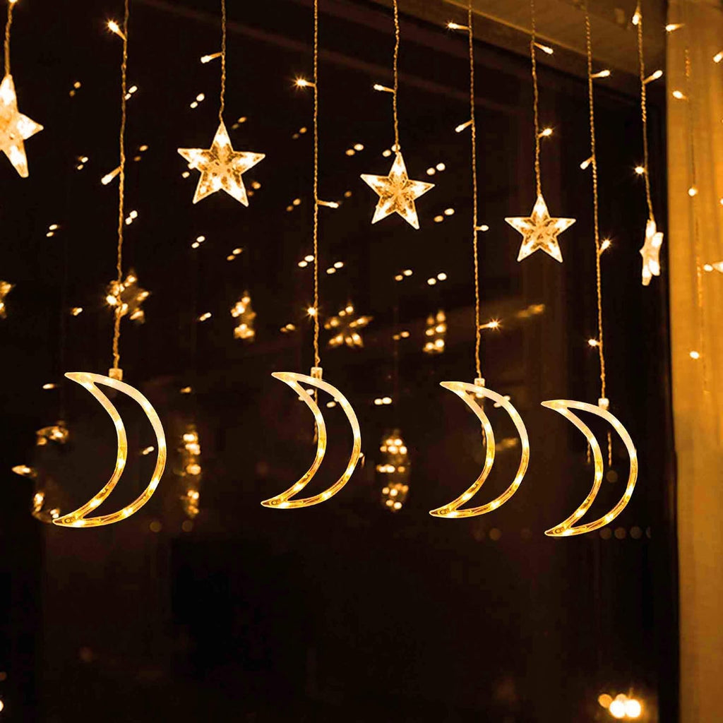 FUNPENY Star Moon Curtain String Lights, 138 LED Window Lights with Remote Control, Warm White Fairy Lights with 8 Modes for Indoor, Wedding, Party, Bedroom, Patio Lawn, Ramadan Decorations
