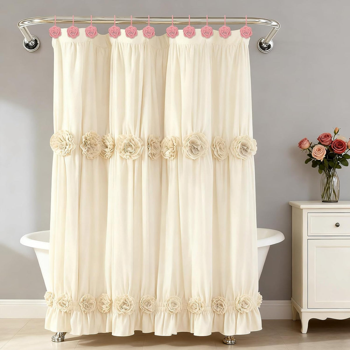 Metal Rose Shower Curtain Hooks, Rust-Resistant Hooks for Shower Curtain Rods, Set of 12, Beautiful Floral Rose Design Bathroom Decoration Hooks (Pink)