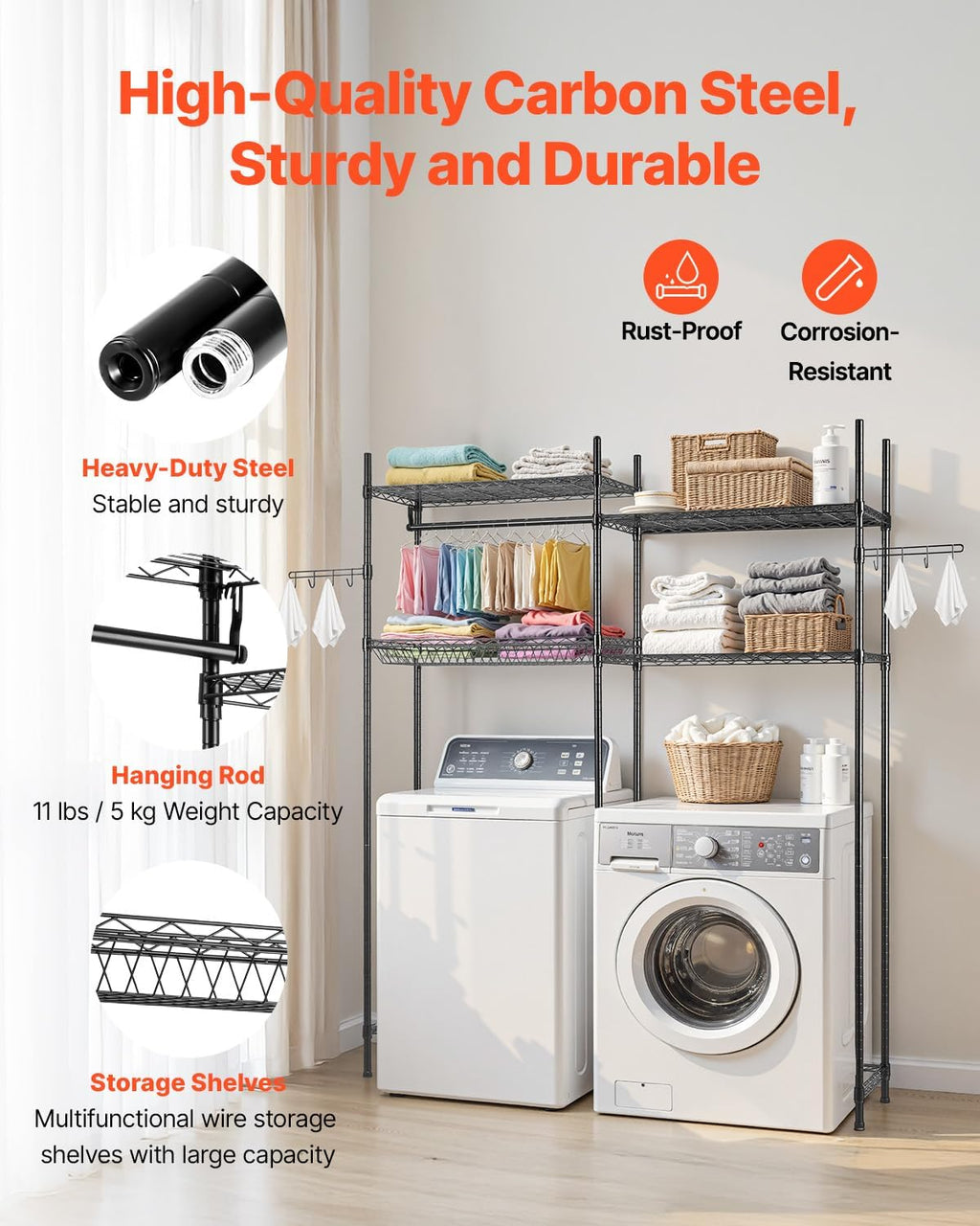 VEVOR Over the Washer and Dryer Storage Shelf, 4 Tier Laundry Room Drying Rack with Hanger Rod and Hooks, Adjustable Over Washer and Dryer Shelves, Laundry Room Shelf Storage Space Saver, Black