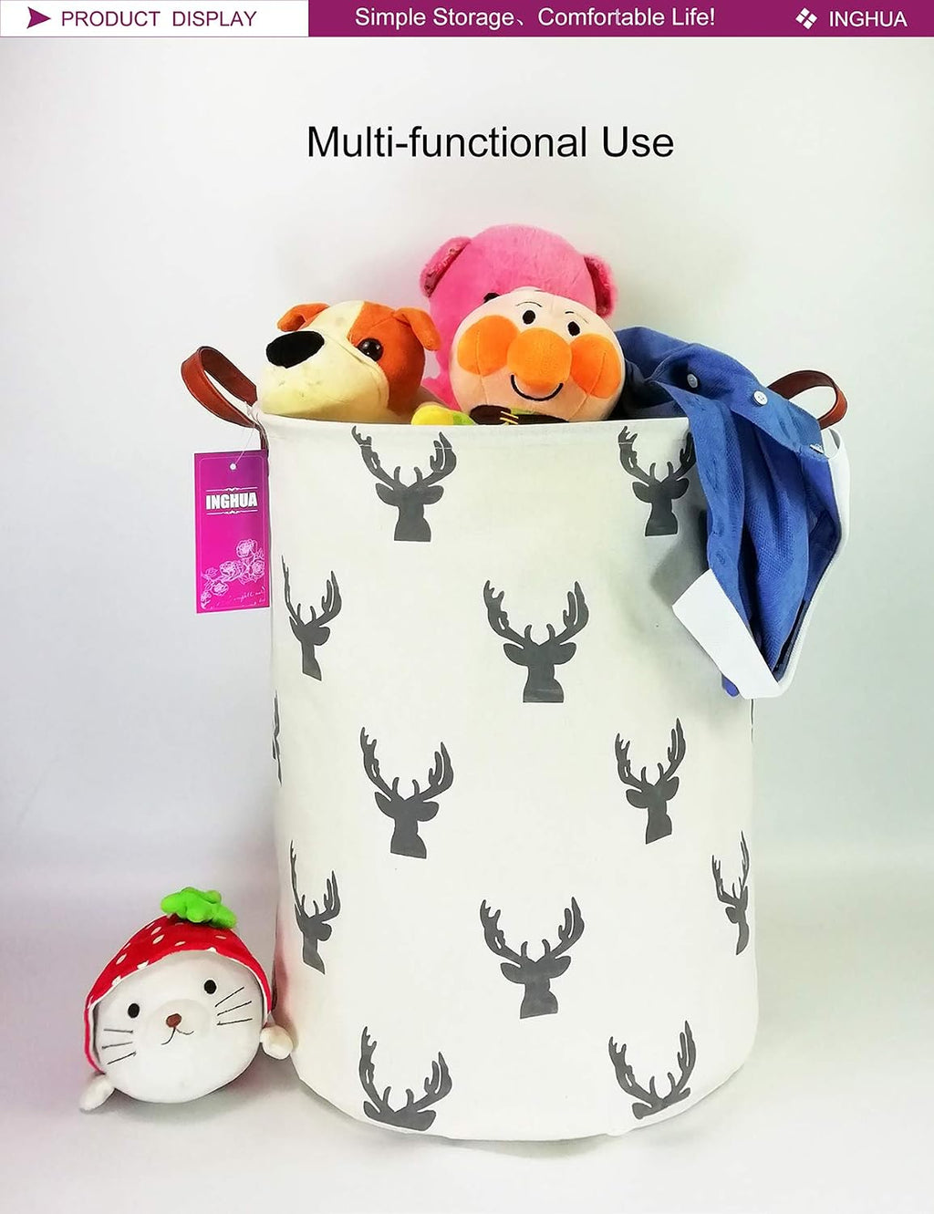 Laundry Hamper Large Canvas Fabric Storage Basket Grey deer