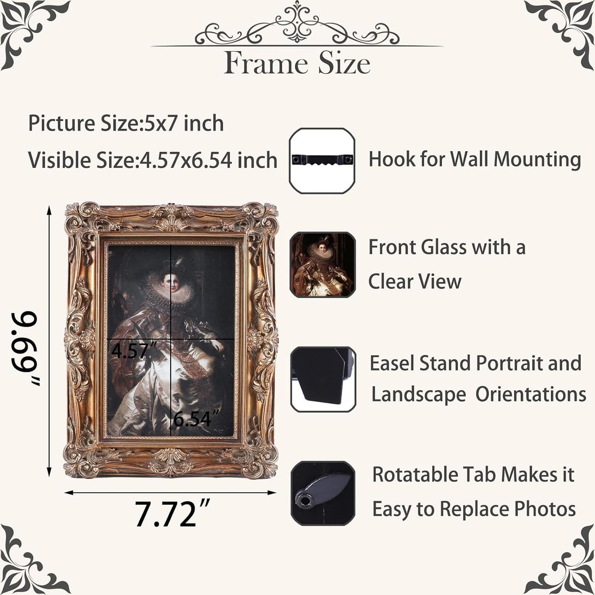 5x7 Vintage Picture Frames Ornate Bronze Antique Picture Frames 5x7 photo frame with Front Glass for Wall Hanging and Tabletop Unique Home Decor Wall Decor Living Room Victorian Style