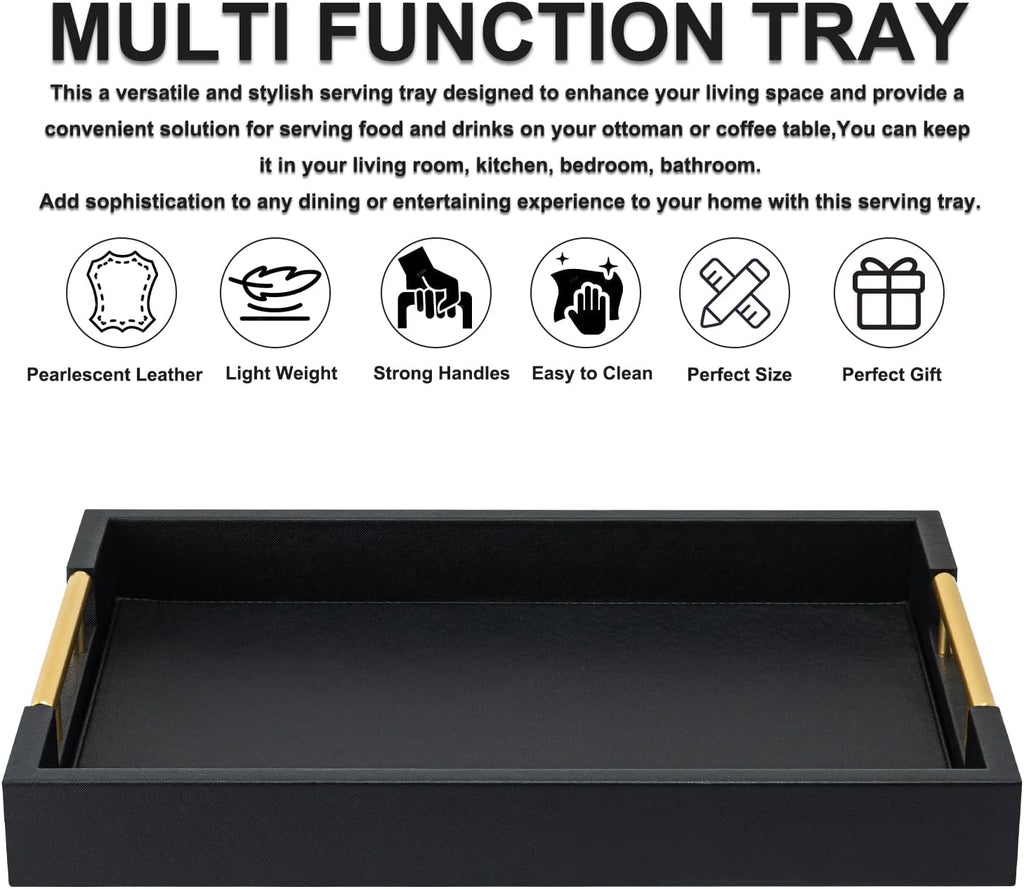 Black Rectangle Serving Tray with Gold Handles for Party,Large Wood Decorative Tray for Ottoman,Faux Leather Coffee Table Tray Decor