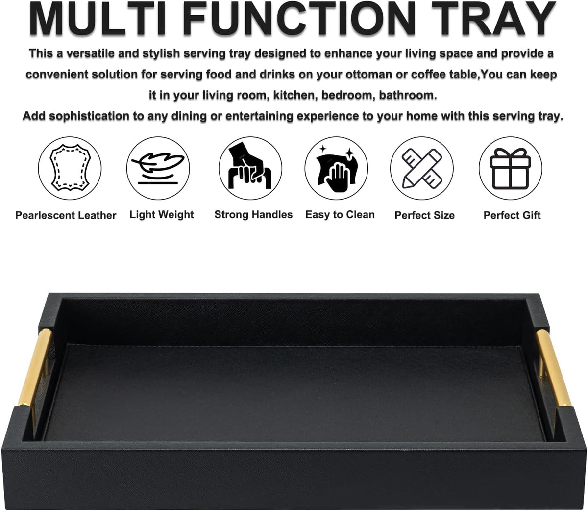 Black Rectangle Serving Tray with Gold Handles for Party,Large Wood Decorative Tray for Ottoman,Faux Leather Coffee Table Tray Decor