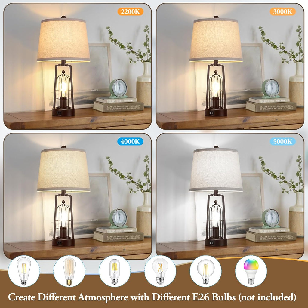 Brightever Farmhouse Table Lamps with 2 USB Ports, Set of 2 Rustic Industrial Desk Lamp for Living Room, 2-Light with Beige Lampshade for Bedside, Bedroom, Nightstand, House Decor, Reading(Bronze)
