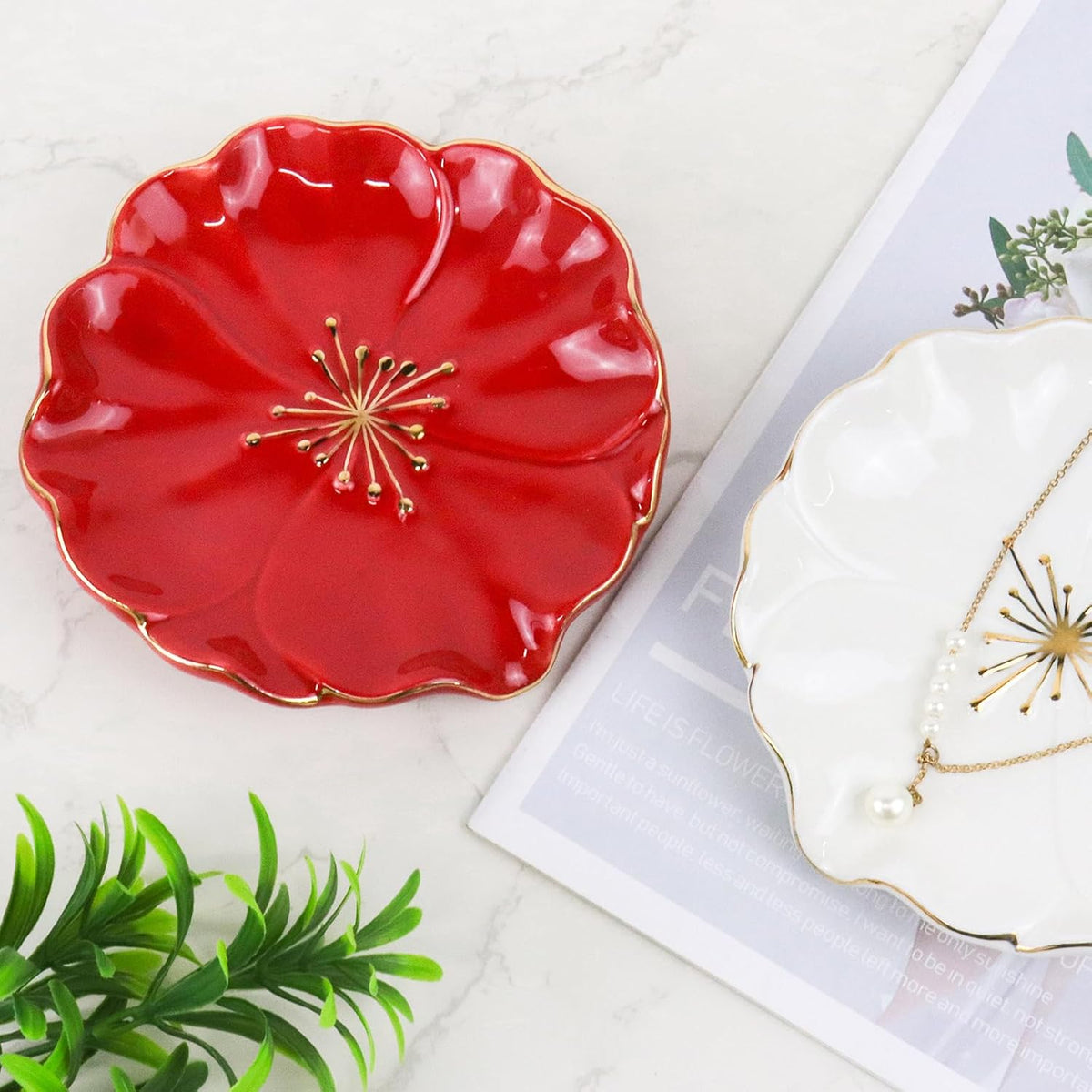 Ceramic Self Draining Soap Dish Red Hibiscus Flower Waterfall Soap Dish Soap Savers for Bathroom,Shower,Bar Counter