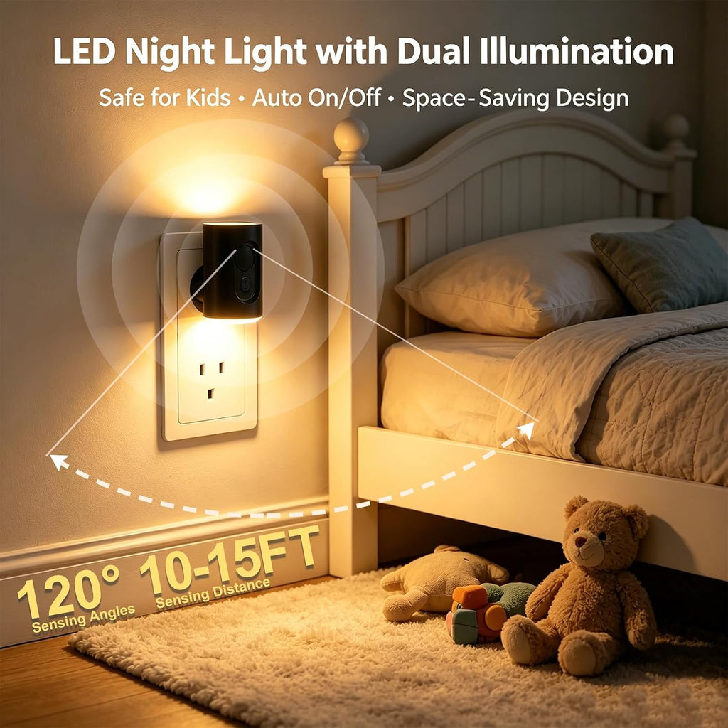 Plug in LED Night Light, Motion Sensor, Warm White Dimmable, Black 2 Pack