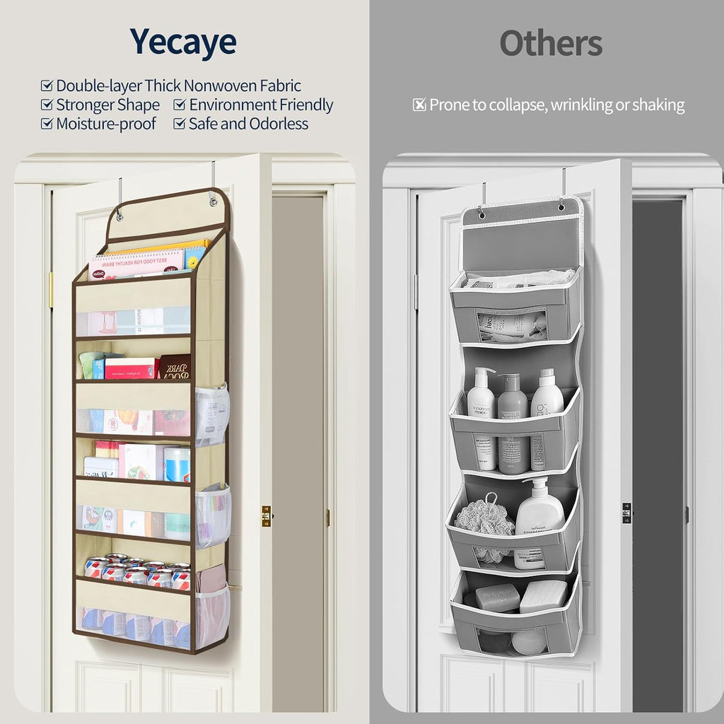 Yecaye Over The Door Organizer, Heavy Duty Hanging Organizers and Storage with 4 Large Capacity Pockets, Swing-Proof Behind The Door Storage for Bathroom Nursery Bedroom Dorm Closet, Beige,1Pc