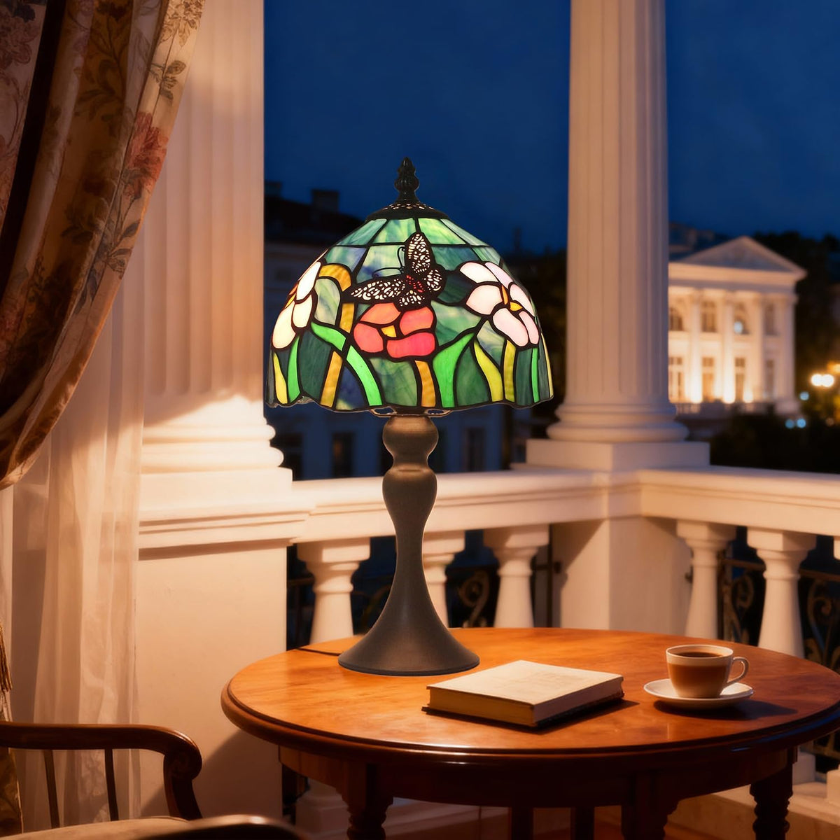 Tiffany Table Lamp,8 Inch Stained Glass Table Lamp,Small Antique Style Lamp,Living Room Bedroom Bedside Nightstand Desk Lamp(Butterfly Tricolor Flower)
