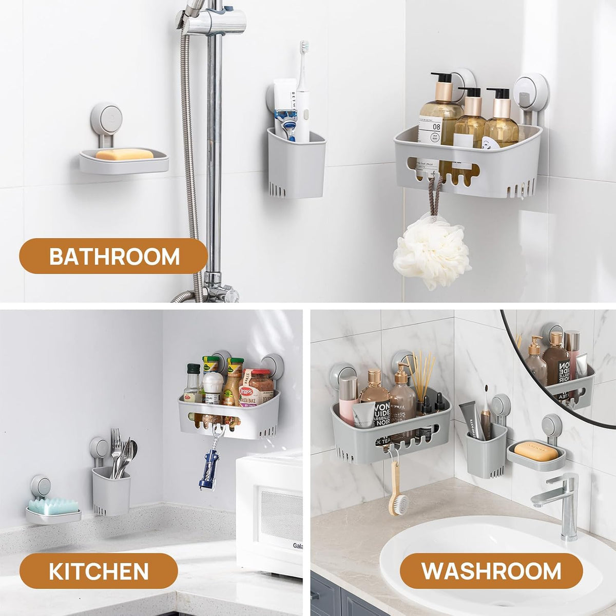 LEVERLOC Shower Caddy Suction Cup Set Shower Organizer & Soap Holder, Grey