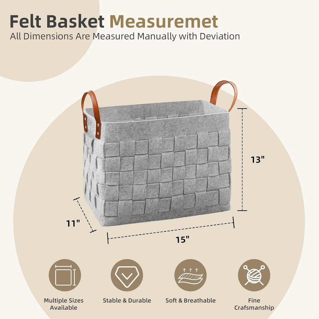 boldmonkey Blankets Basket 15 " x13 x11 2 Pack, Large Storage Baskets for Organizing Rectangular, Living Room Dog Toy Bin for Dirty Clothes, Pillows, Towel-Light Gray