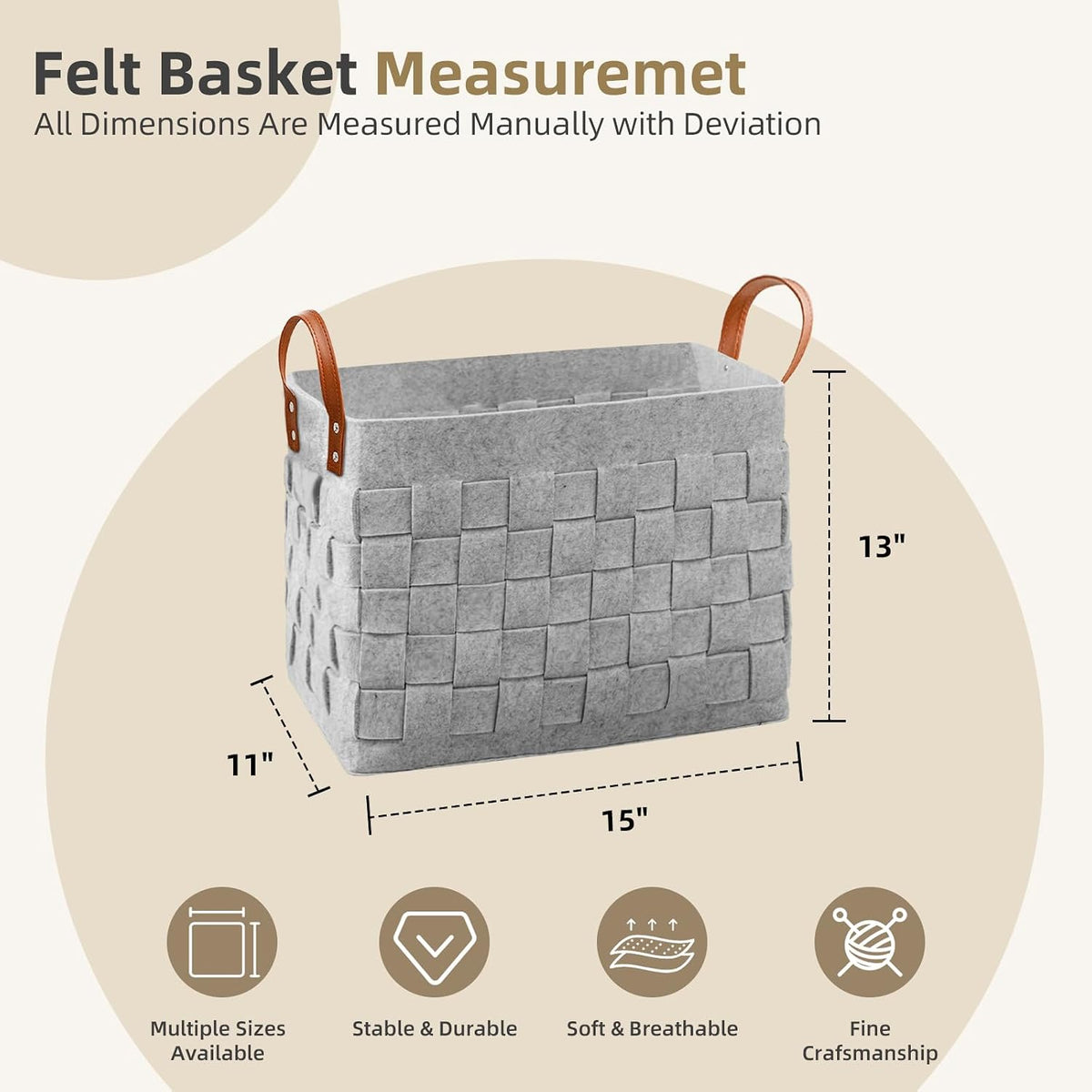 boldmonkey Blankets Basket 15 " x13 x11 2 Pack, Large Storage Baskets for Organizing Rectangular, Living Room Dog Toy Bin for Dirty Clothes, Pillows, Towel-Light Gray
