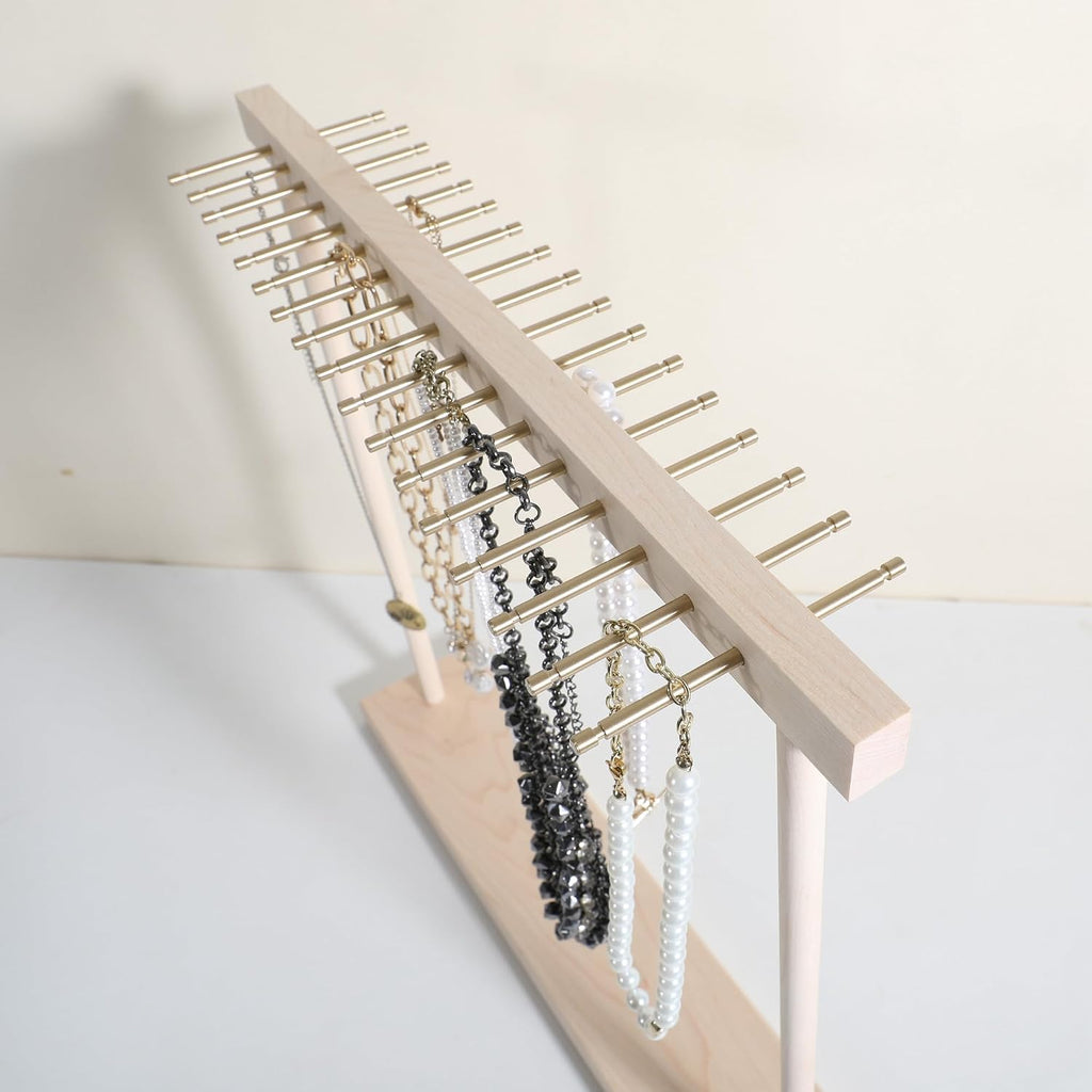 Large necklace hanger shelf with 17 copper bars, Wooden jewelry storage organizer rack for hanger necklace bracelet, necklace display stand for boutique store【Marple】