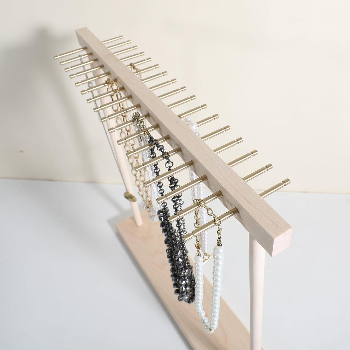 Large necklace hanger shelf with 17 copper bars, Wooden jewelry storage organizer rack for hanger necklace bracelet, necklace display stand for boutique store【Marple】