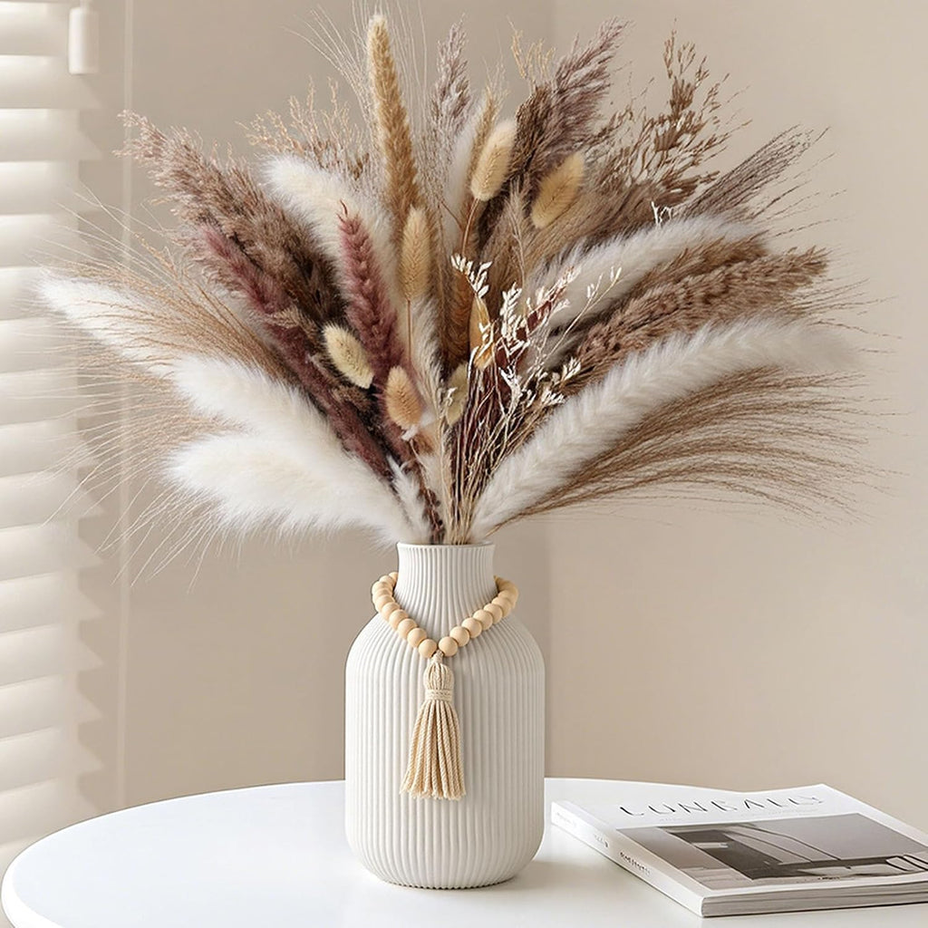 JOHOUSE White Ceramic Vase, 7.9 Inch Ribbed Vase with Wooden Beads Tassel