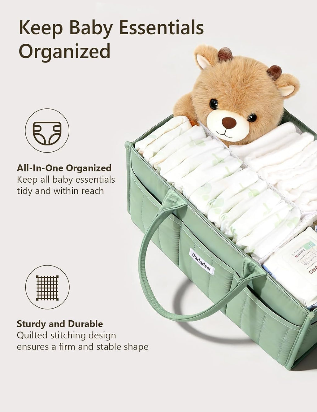 Quilted Diaper Caddy Organizer, Nursery Storage Basket with Dividers