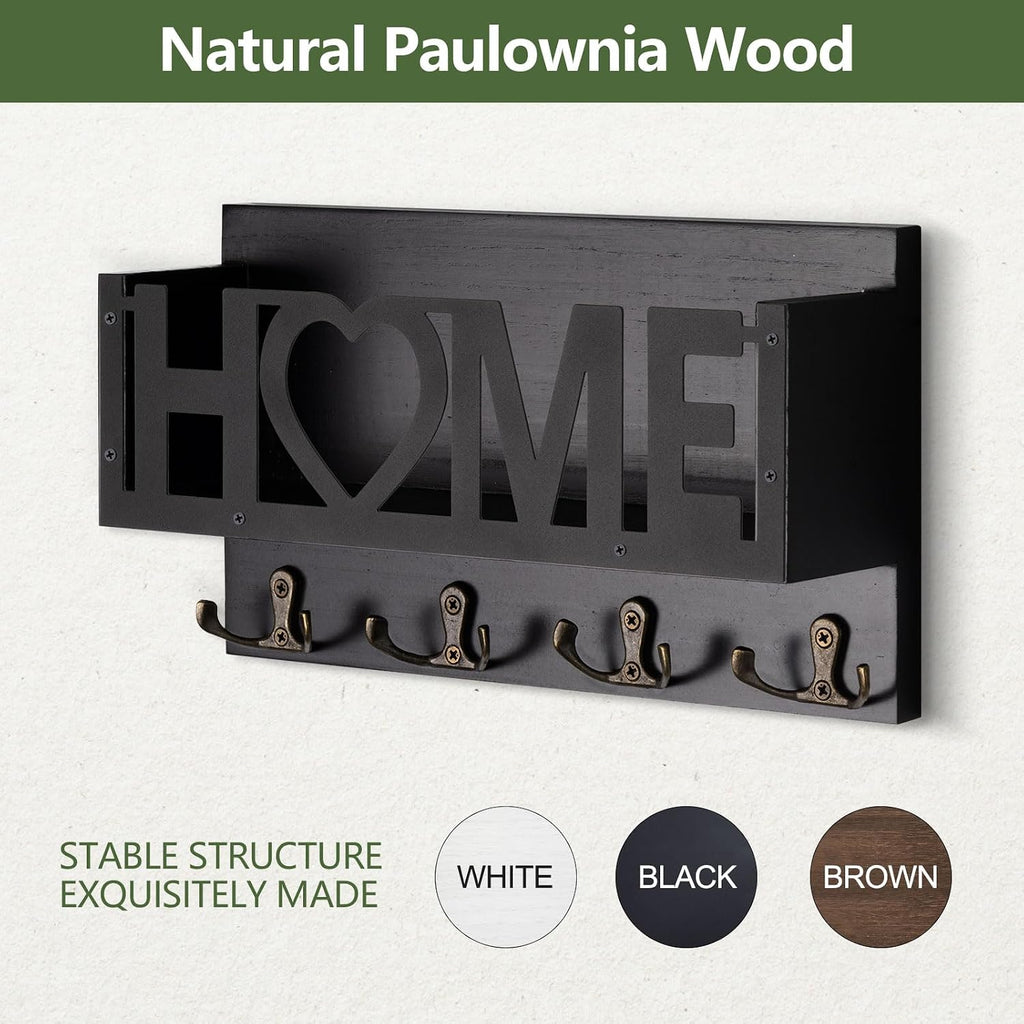Wall Mount Mail and Key Holder, Wooden Mail Organizer with 4 Double Hooks, Black Metal Letters, Farmhouse Home Decor, Entryway Storage, 10.8 x 3.3 x 6.2 Inches