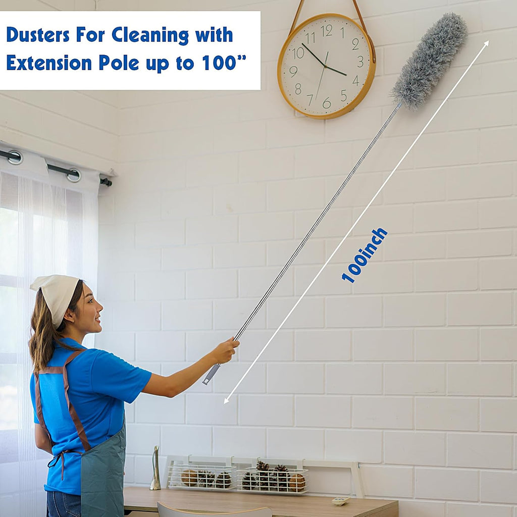 Dusters for Cleaning, Feather Duster Set, 10PCS Duster with Extension Pole Up to 100'' - Extendable, Bendable, and Washable for Ceilings, Chandeliers, and Furniture