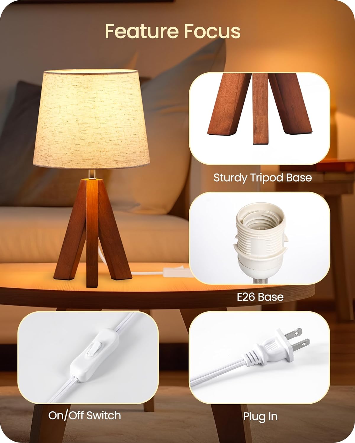 Tripod Table Lamps Set of 2, Small Bedside Lamps, Modern Nightstand Lamp with Dark Pearwood Base & Beige Shade, Boho Desk Light for Bedroom, Kids Room, Living Room, Office, Study, LE51TLP205