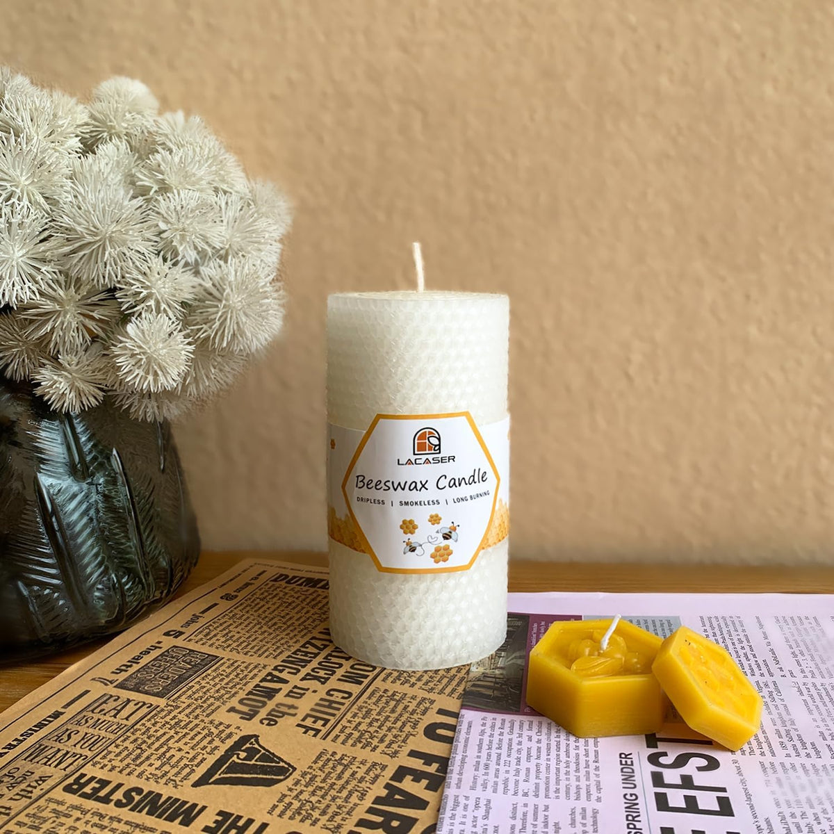 Large Beeswax Pillar Candles, Size 3"x6", Natural Bees Wax Candle Sheet Handrolled for Home, Unscented & Smokeless, 40 Hour Burn Time, White
