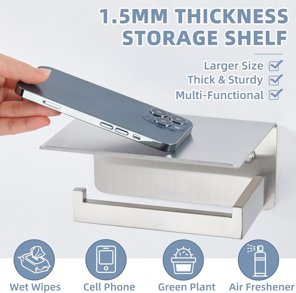 APLusee Toilet Paper Holder with Shelf for Wall, Left Side, Brushed Nickel