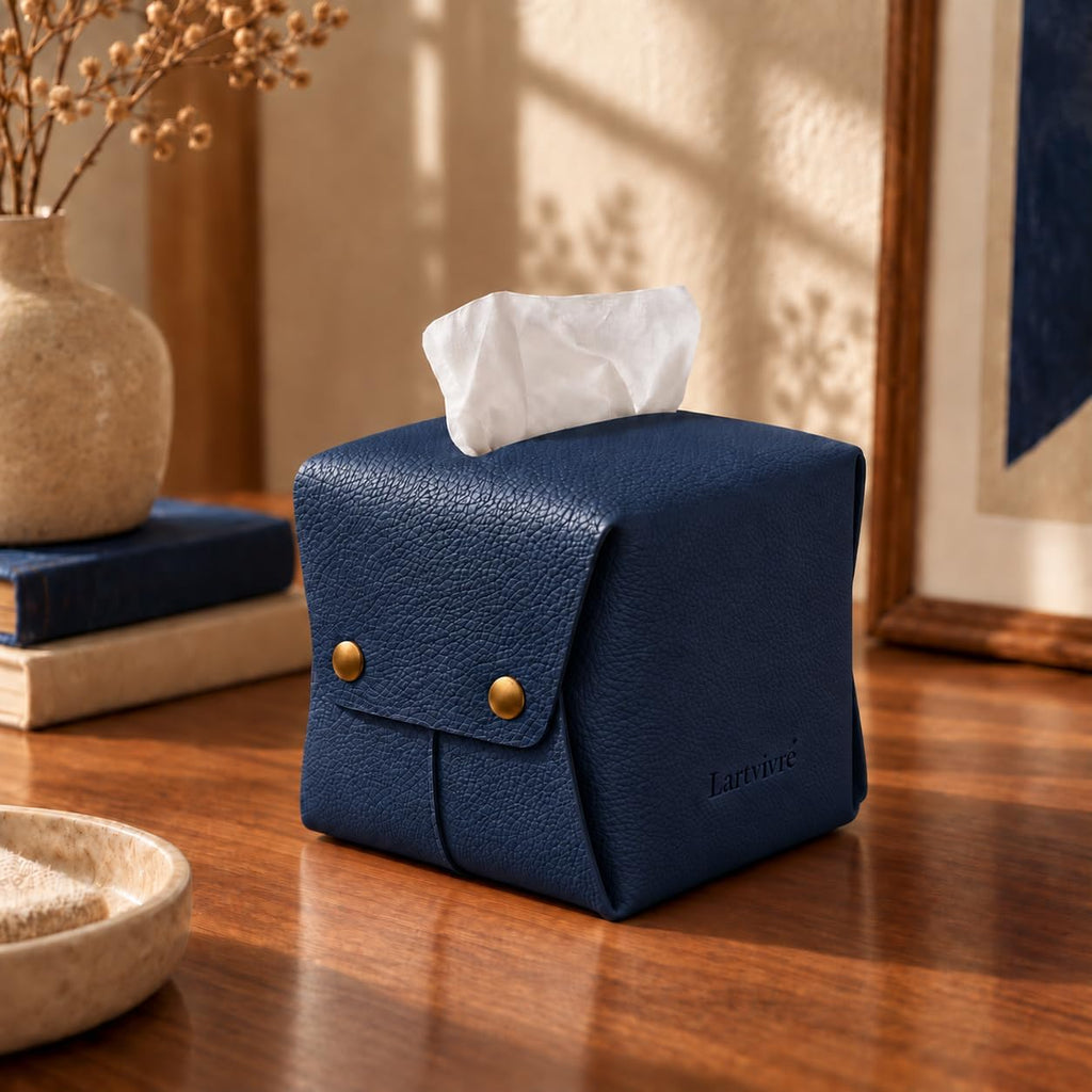 Grained Faux Leather Tissue Box Cover Square, Navy Blue
