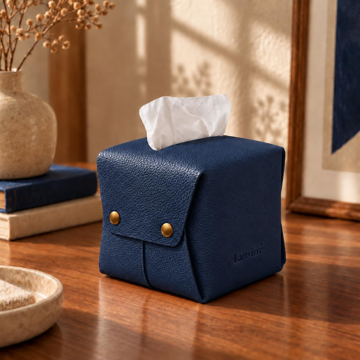 Grained Faux Leather Tissue Box Cover Square, Navy Blue
