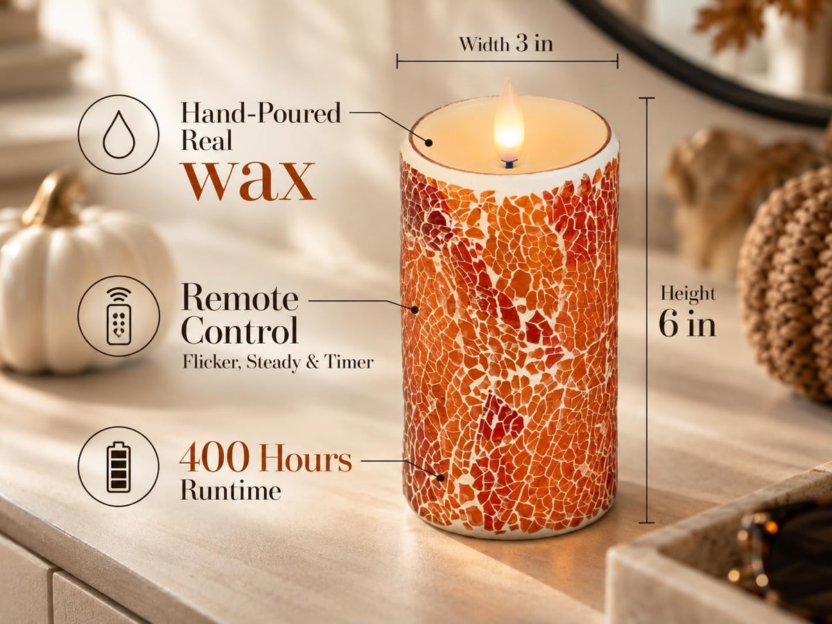 Glass Flameless Pillar Candles Flickering with Remote Timer, Battery Operated LED 3D Moving Flame Real Wax Candles,Remote Included (Crimson Orange Cracked Glass)