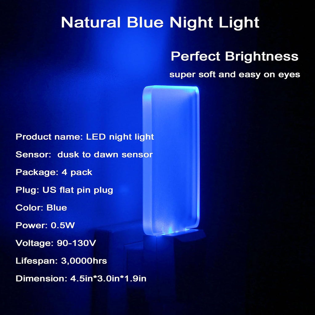 Blue Led Night Light Plug in - 4 Pack Dusk to Dawn Sensor Auto ON Off 0.5W