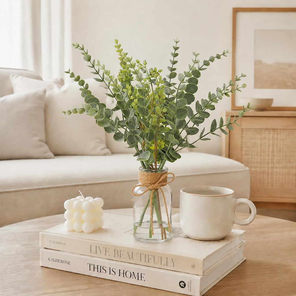 FAVOWREATH 6 Pcs Artificial Eucalyptus Stems with Glass Vase Fake Plants