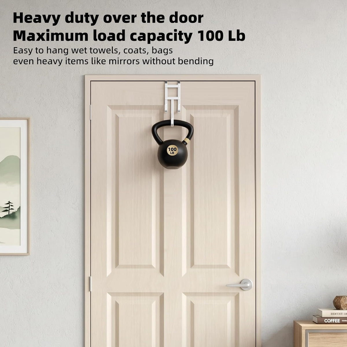 2 Packs Over-the-Door Hooks, Fits 1 1/2 Inch Interior Doors, No Installation Required, 100 Lb Heavy Duty with Rubber Anti-Scratch, Space-Saving Hangers for Bathroom, Bedroom, Kitchen, Office, White