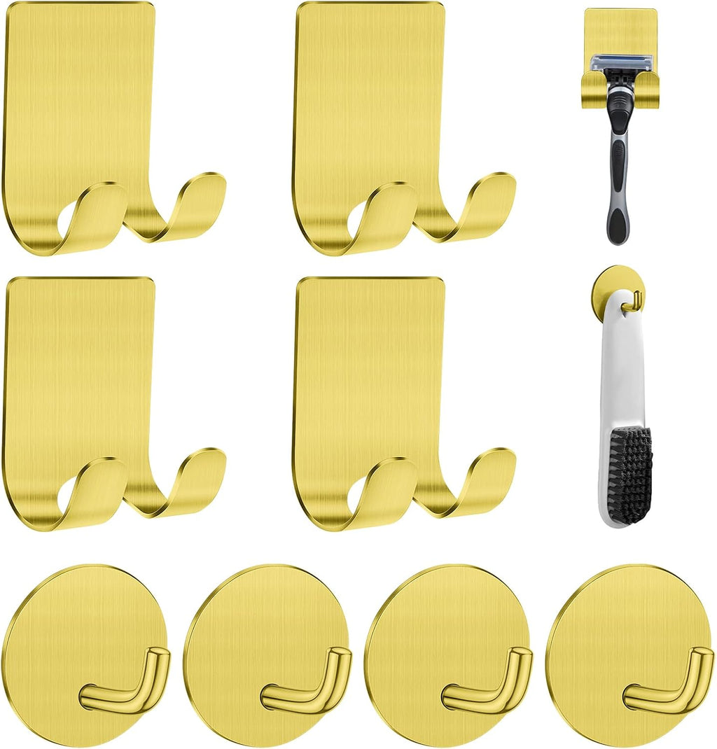 Razor Holder for Shower + Adhesive Wall Hooks, Premium 304 Stainless Steel Shower Razor Holder with Heavy Duty Waterproof Sticky Hooks for Hanging Towels, Coat, hat (4+4 Pack) - Gold