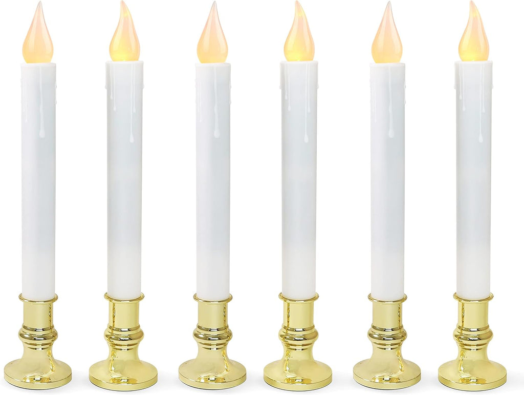 FURORA LIGHTING White 9.9" LED Taper Candles with Gold Holders, 6-Pack