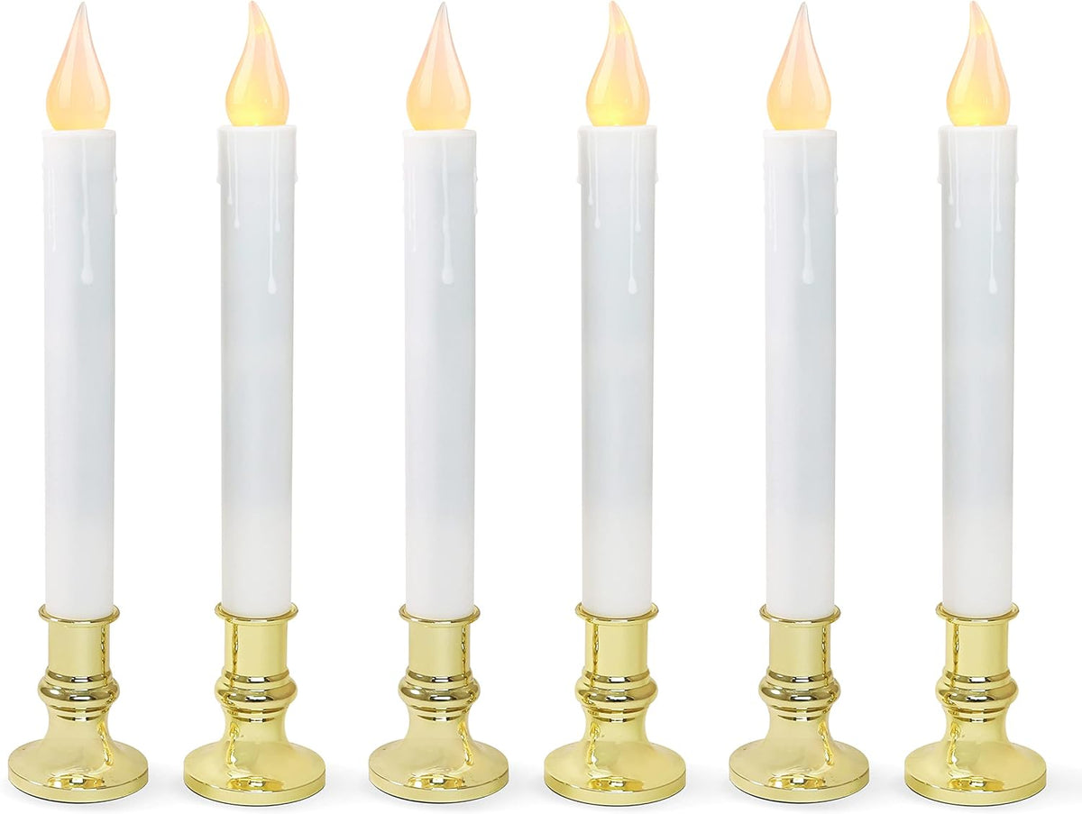FURORA LIGHTING White 9.9" LED Taper Candles with Gold Holders, 6-Pack